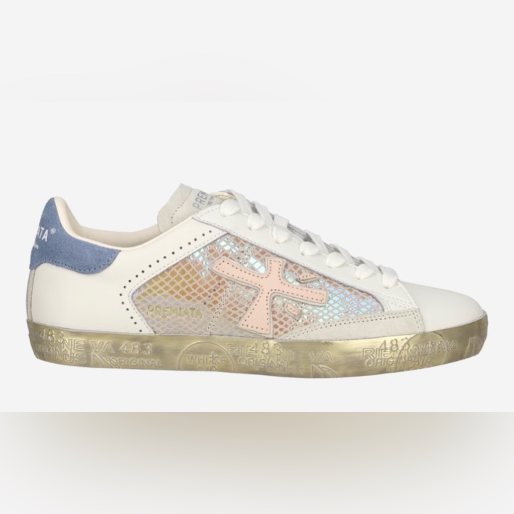 Premiata- Women's White Sneaker With Pink & Iridescent Panels Nwt